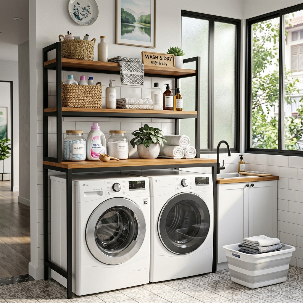 Mẫu kệ máy giặt đa năng khung sắt lắp ráp tại xưởng Tagia Decor Đà Nẵng