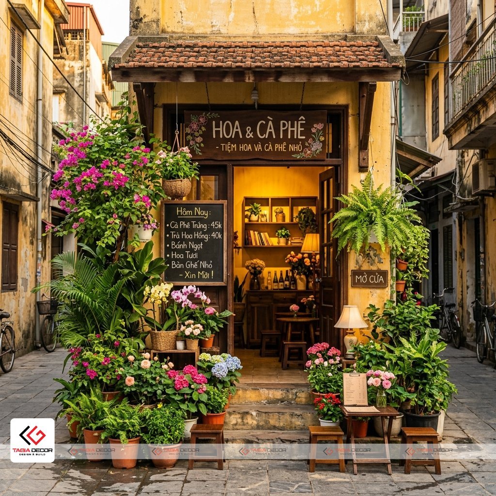 Vật liệu và phong cách thiết kế phù hợp nhất cho cafe shop hoa - Tagia Decor