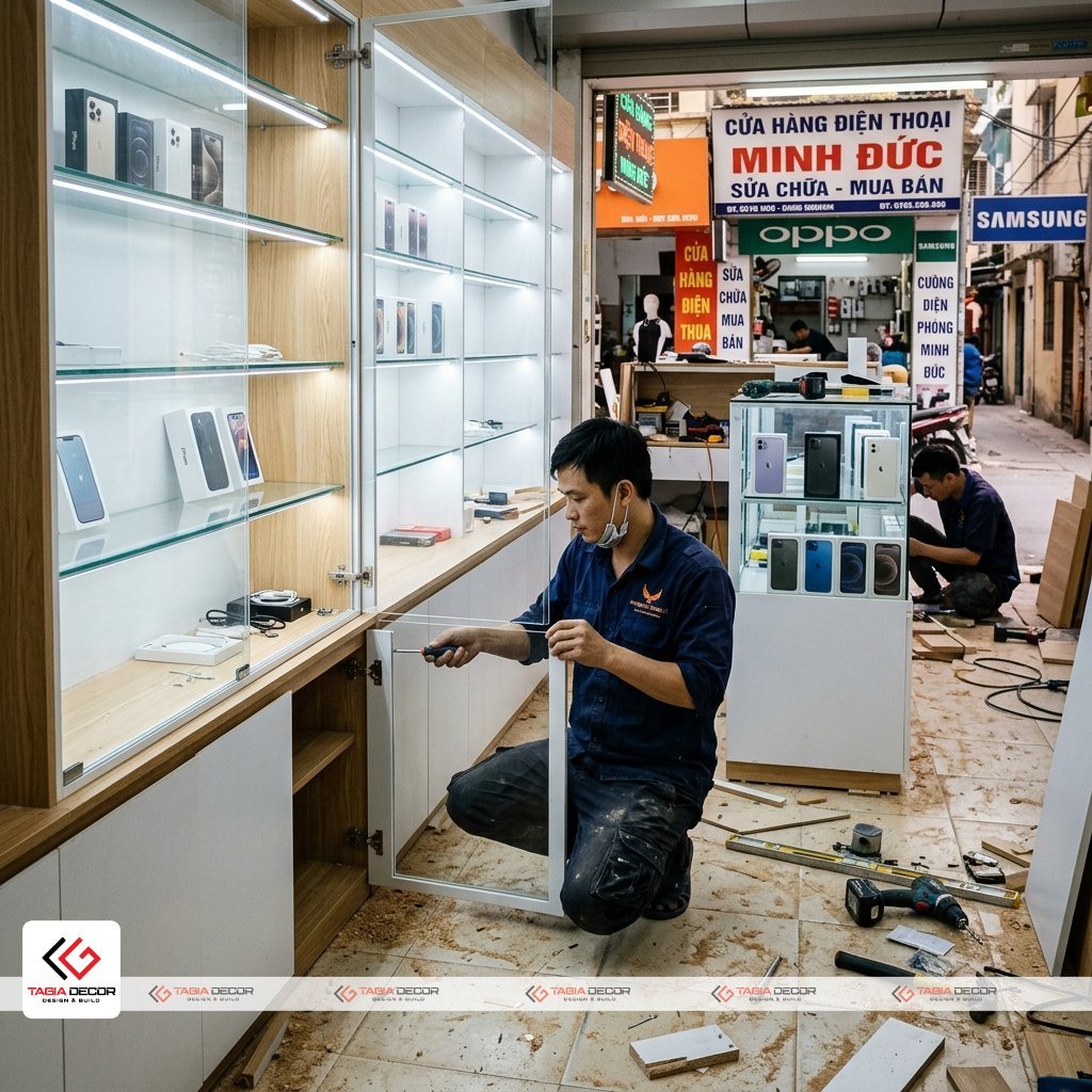 3. quy trình thi công hoàn thiện shop điện thoại nhỏ chuyên nghiệp - Tagia Decor