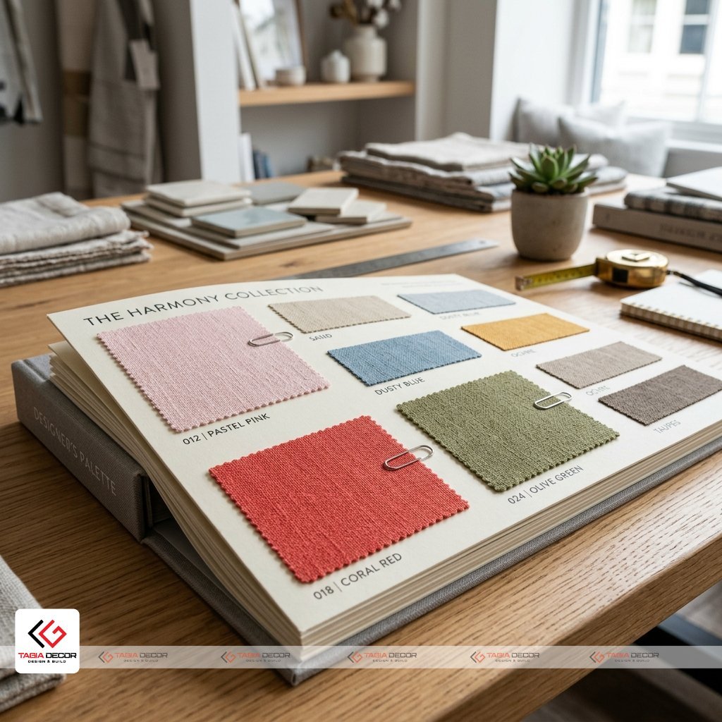 Chủ cửa hàng mệnh Hỏa đang xem xét bảng màu nội thất, tránh màu xanh dương đậm ở Đà Nẵng.