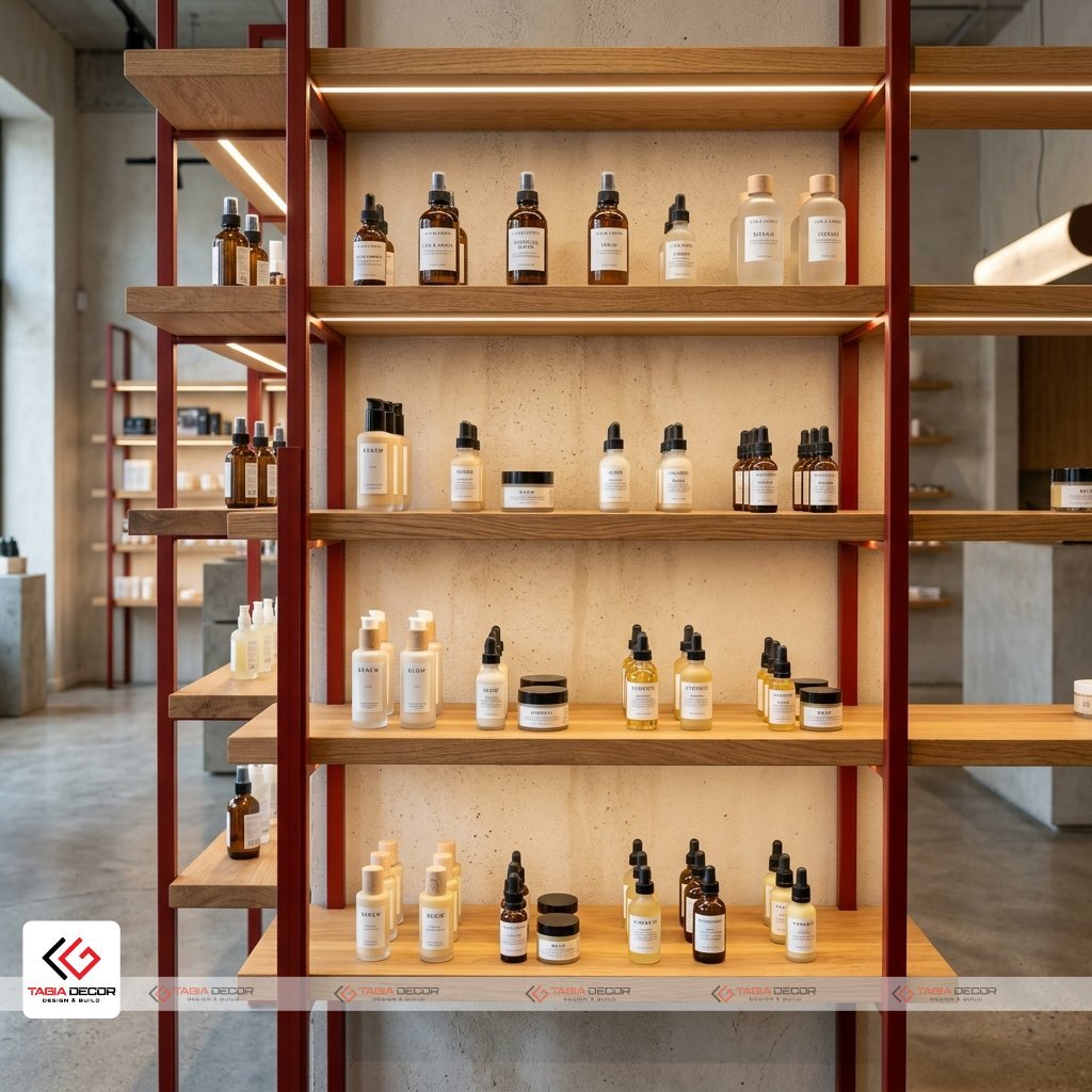 Người thợ TAGIA DECOR đang thi công nội thất màu gỗ và đỏ cho shop tại Đà Nẵng.